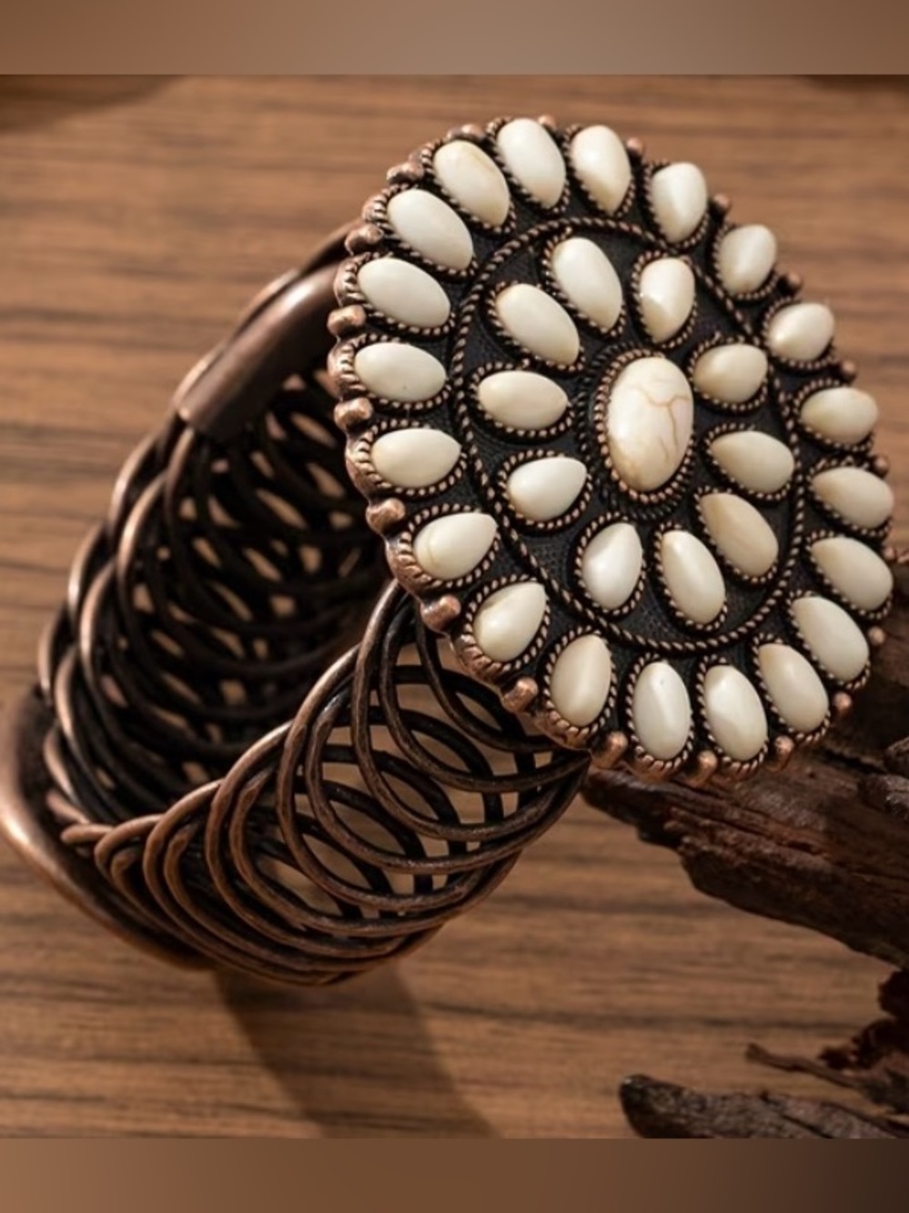 Bohemian White Stone Bronze-Tone Statement Cuff Bracelet Womens Boho Jewelry NWT